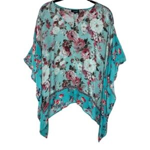 Tolani Bryana Paradise Aqua Floral Silk Poncho Top Small NWOT